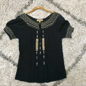 Embroidered scoop neck top, size M, Black & yellow